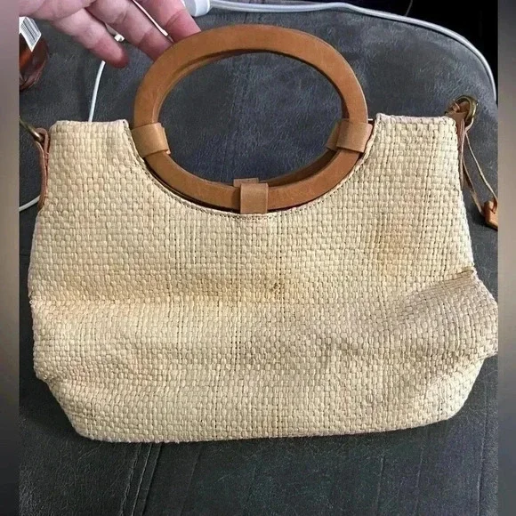 Fossil Vintage Bag Woven Straw & Leather Embroidered Beaded Floral Bag No Strap - Picture 3 of 5